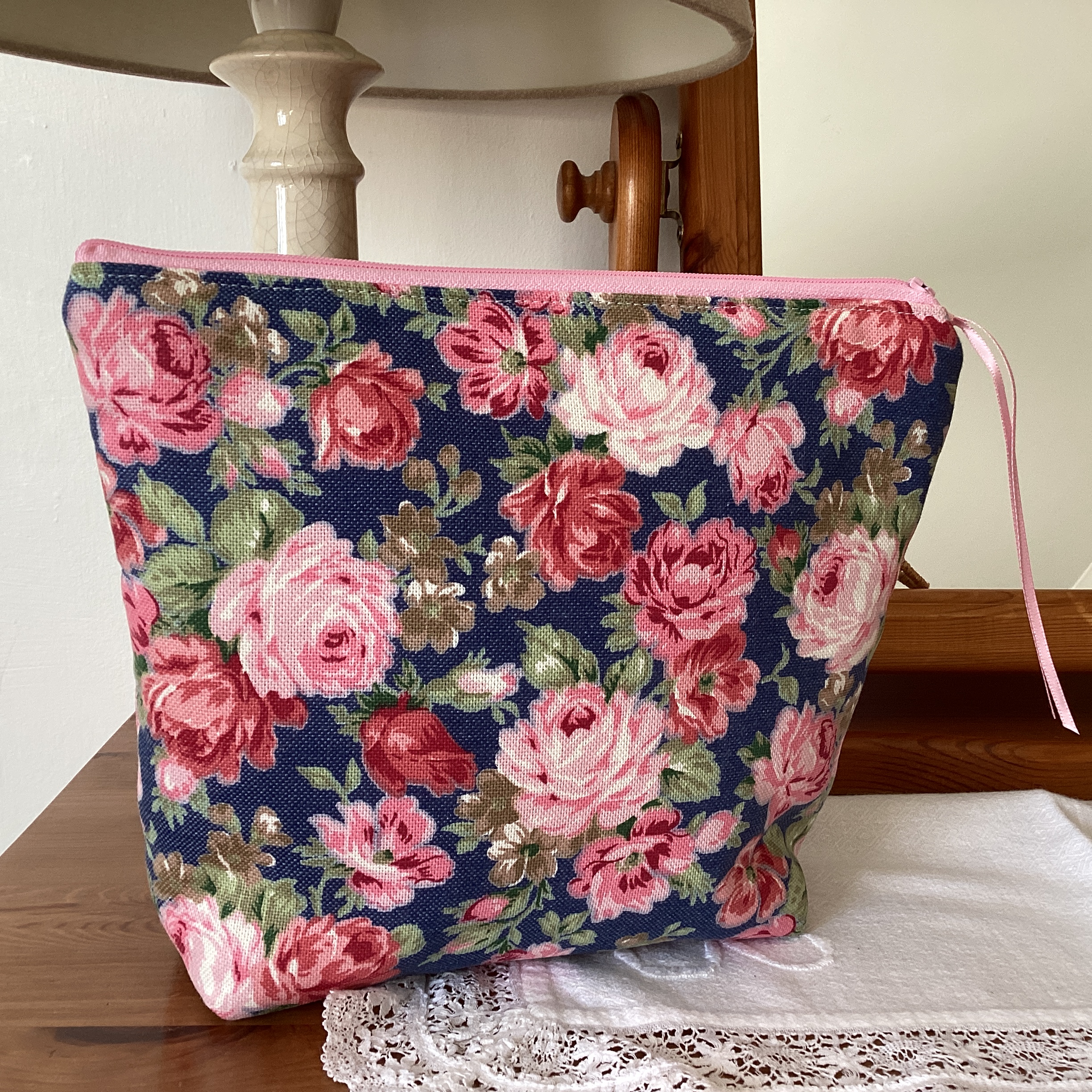 Zipped Pouch - pink floral on blue