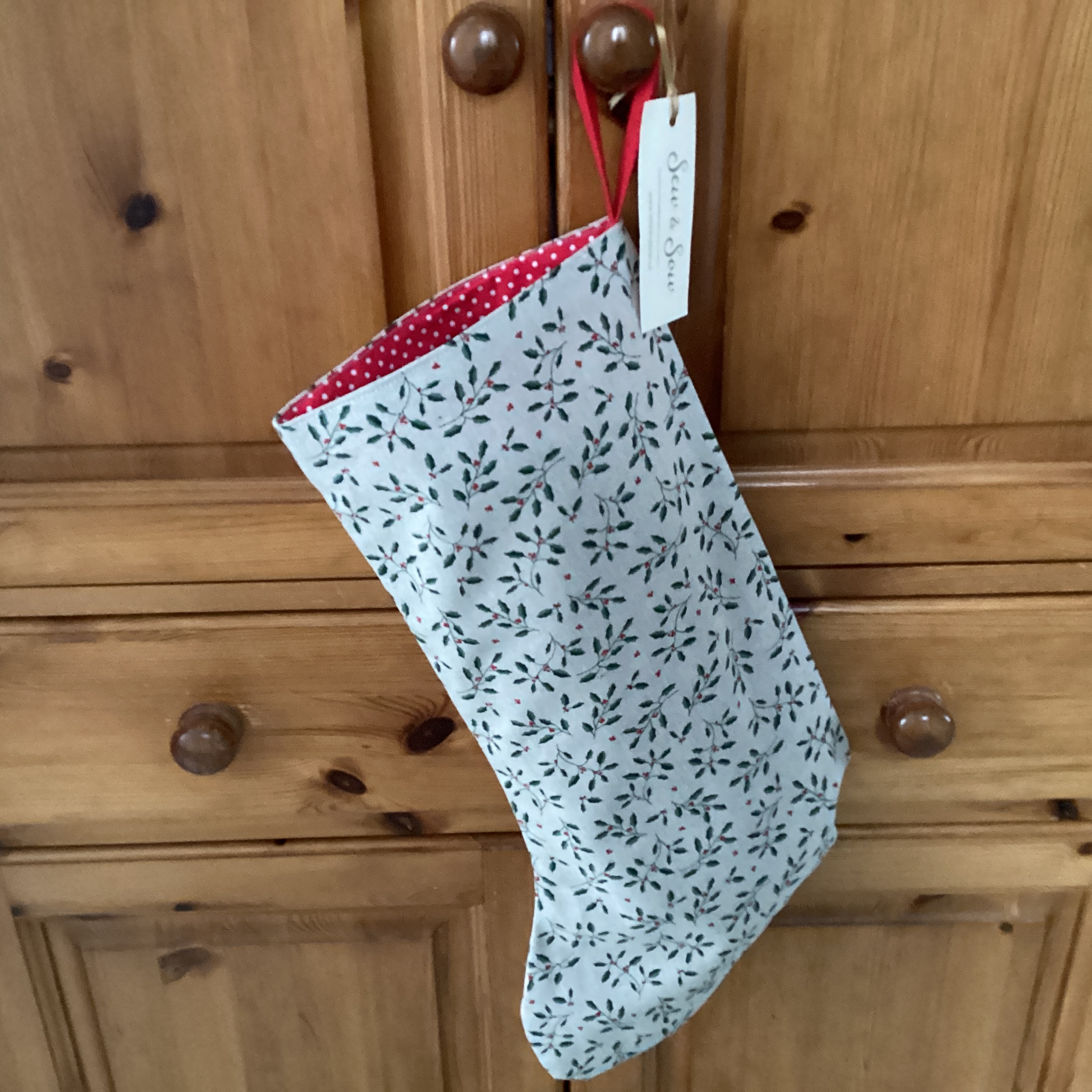 Christmas Stocking - cream linen with small holly