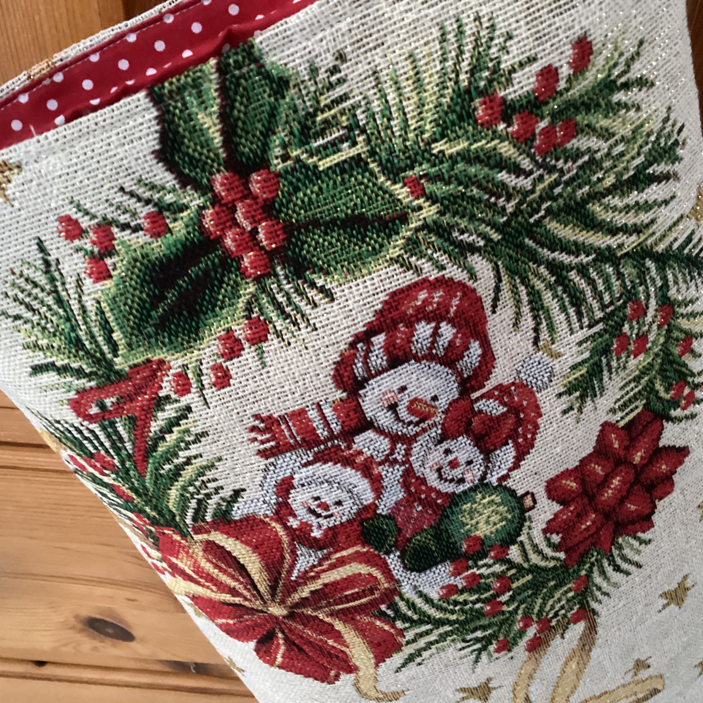 Christmas Stocking - cream tapestry with snowman and Santa