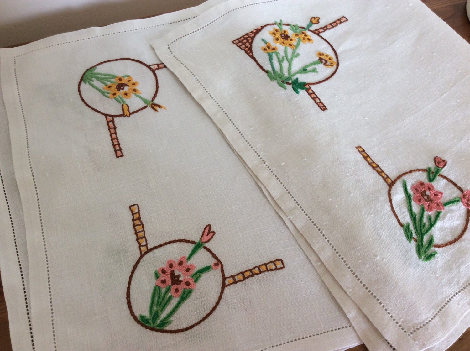 Embroidered Tray Cloth - yellow and pink corners