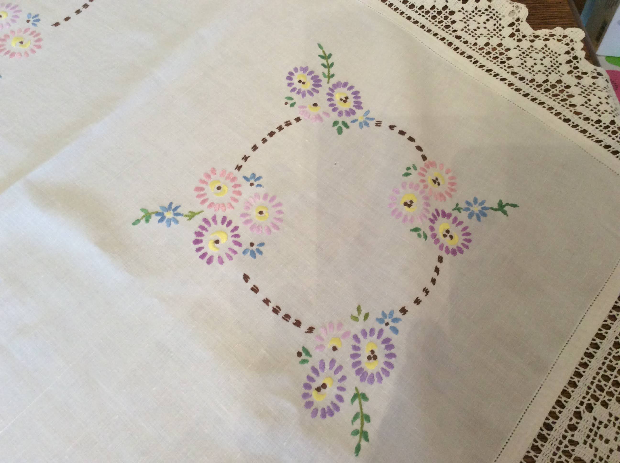 Vintage Table Cloth - pale embroidered flowers