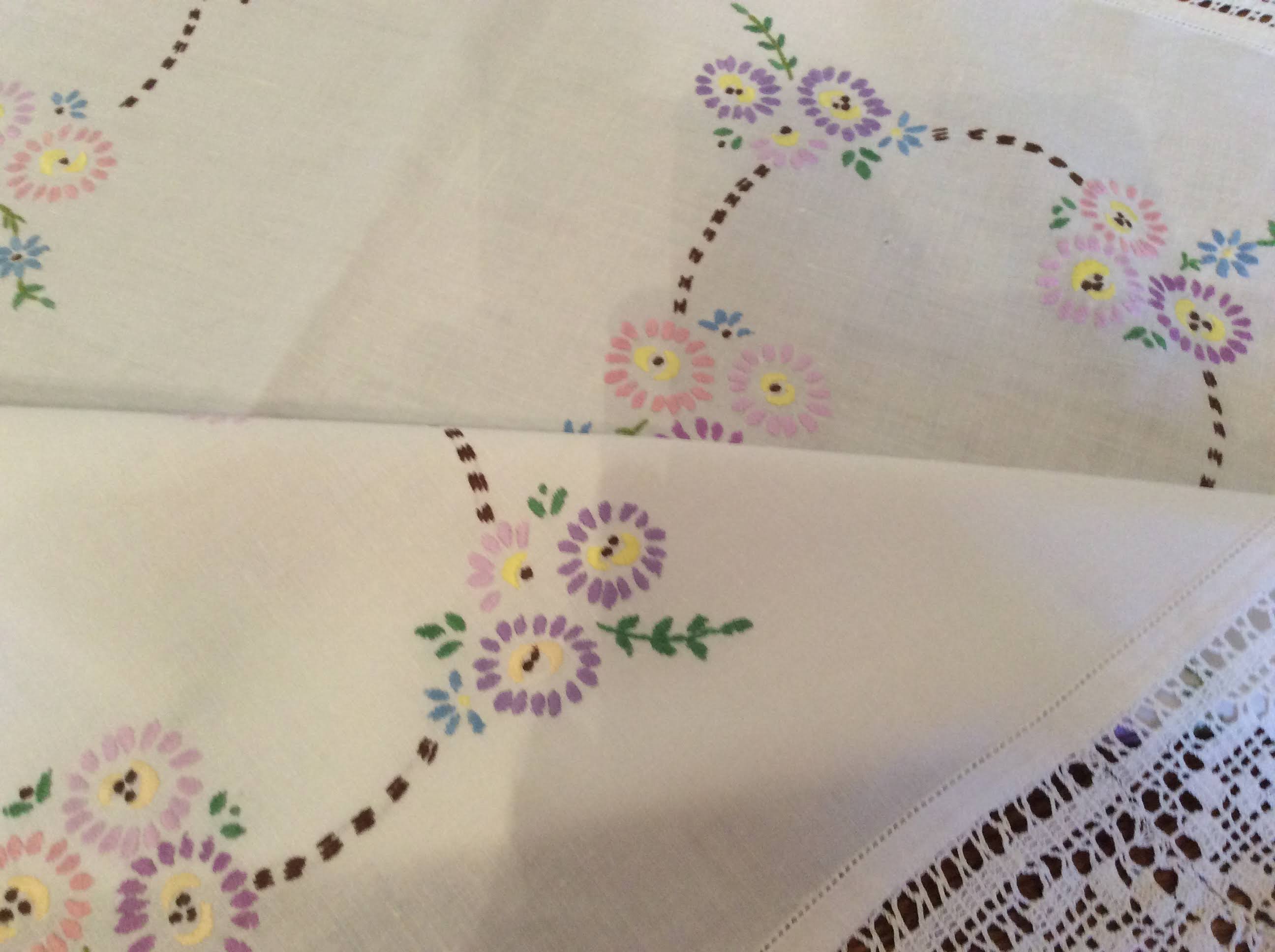 Vintage Table Cloth - pale embroidered flowers