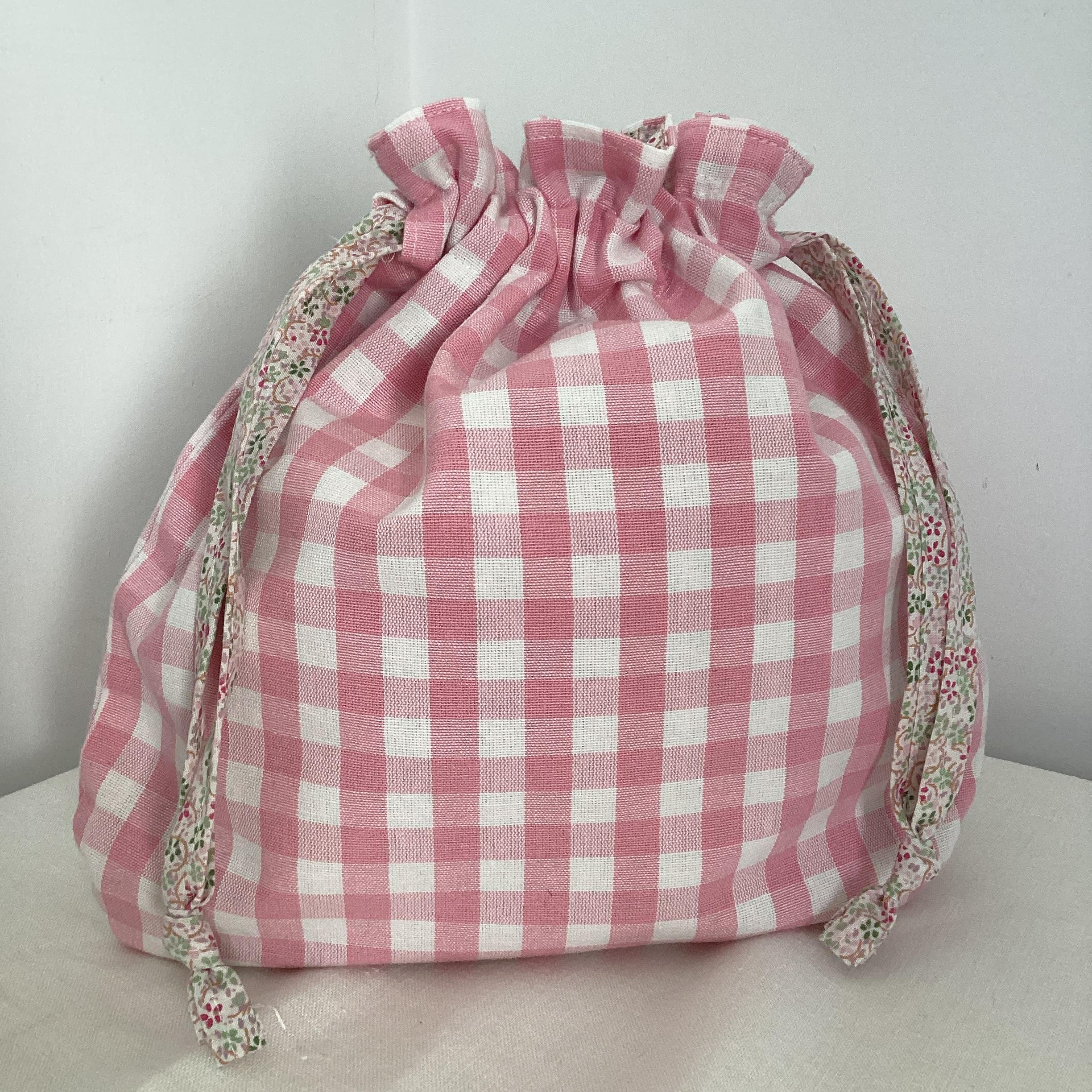 Drawstring Bag - pink and white check
