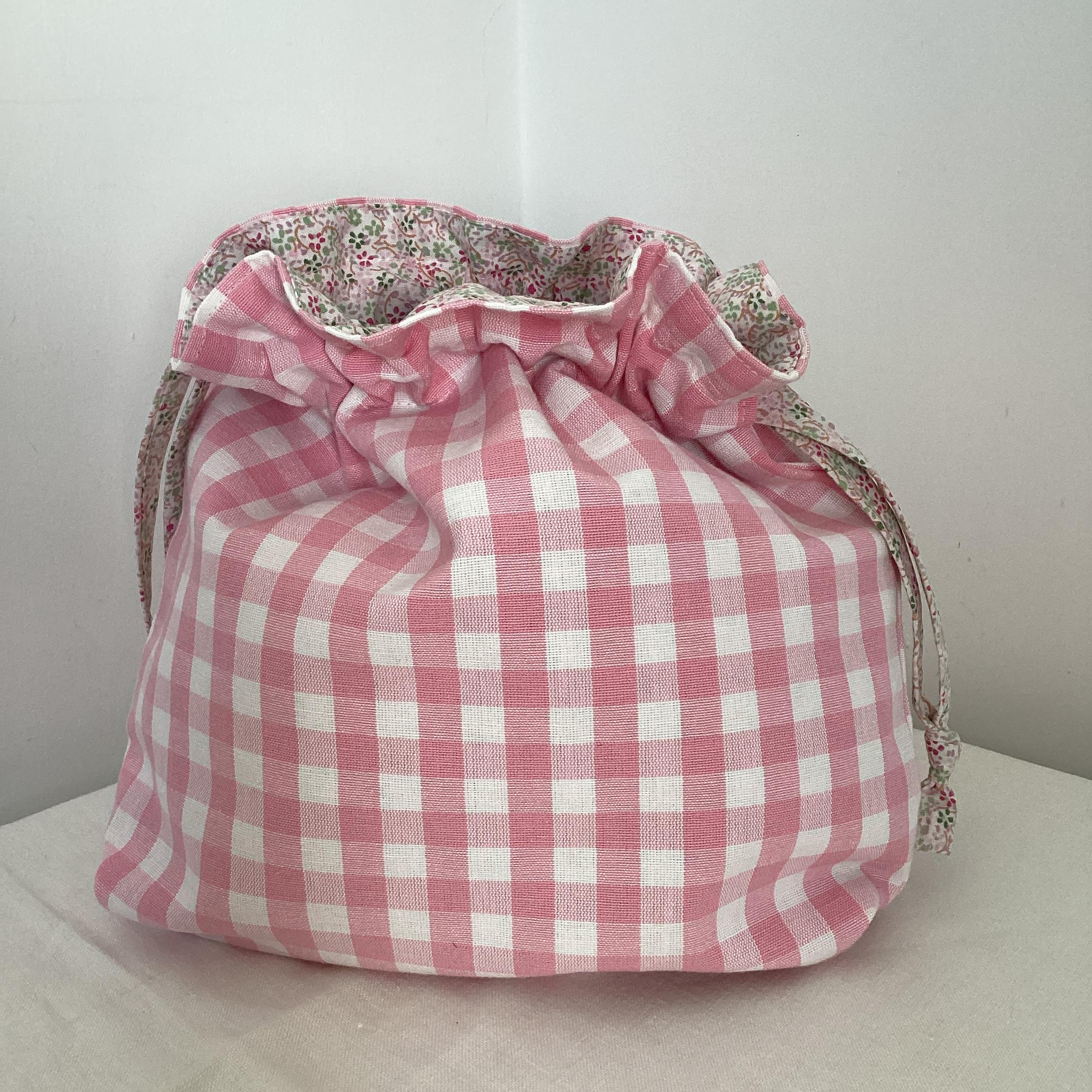 Drawstring Bag - pink and white check