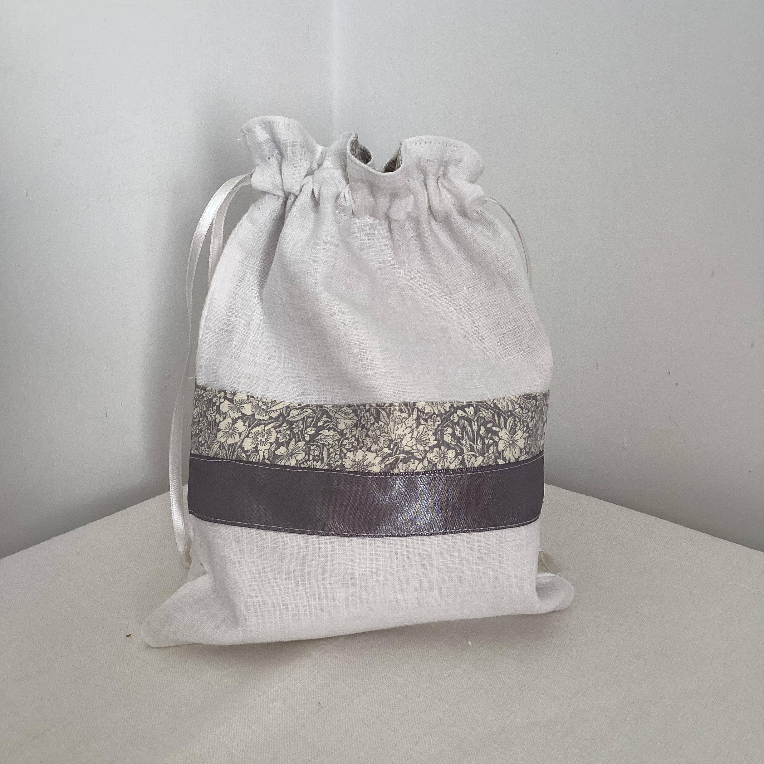 Drawstring Bag - vintage linen and grey