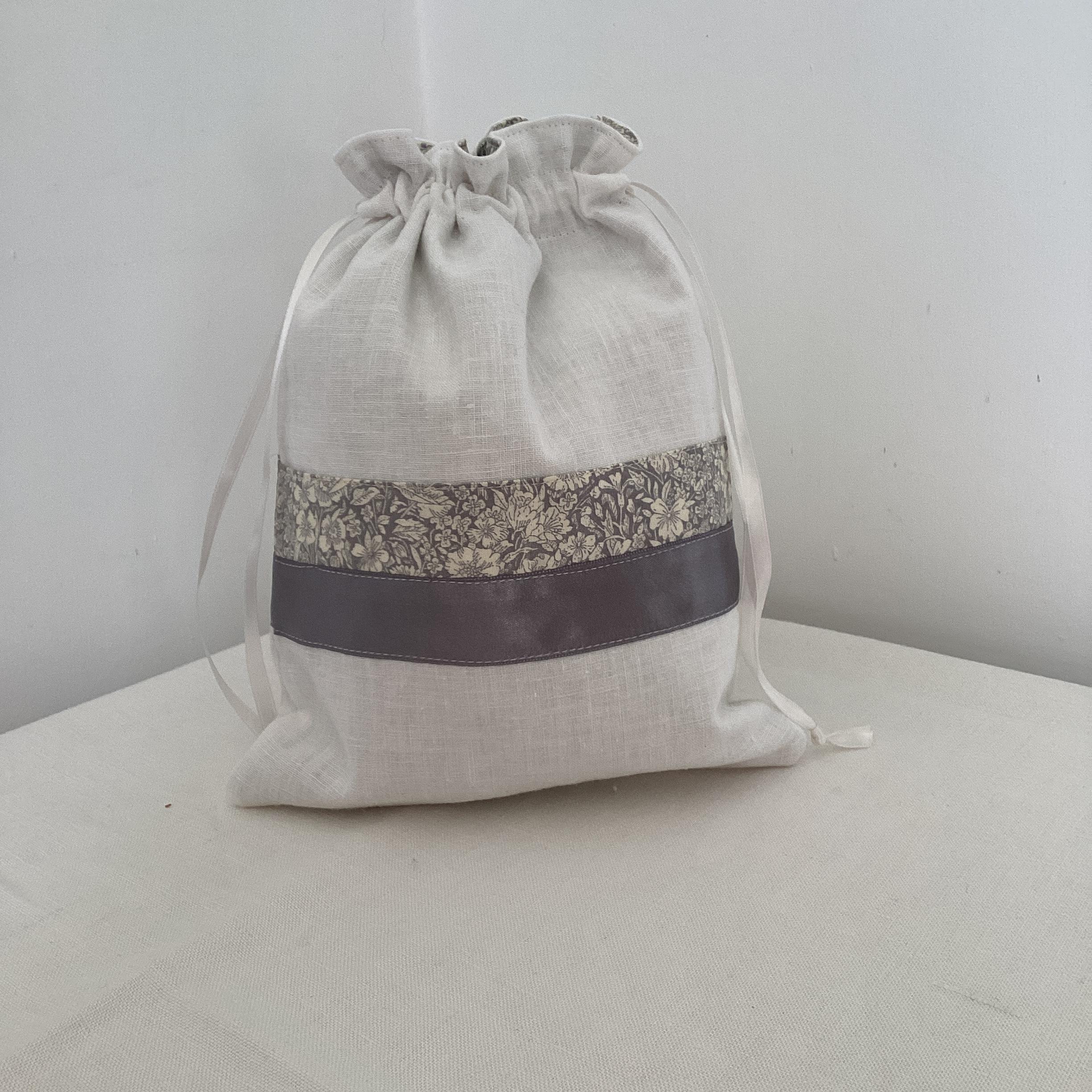 Drawstring Bag - vintage linen and grey