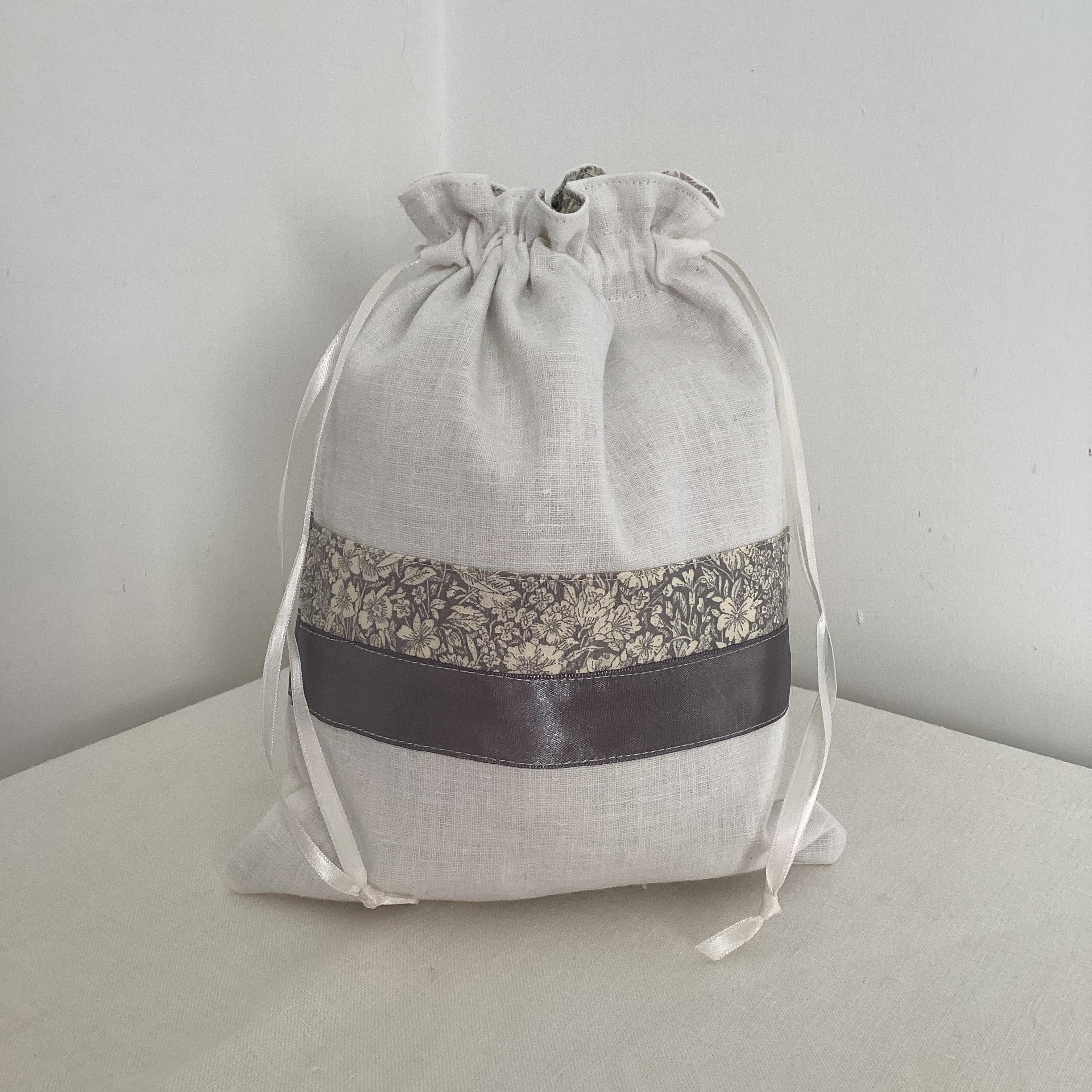 Drawstring Bag - vintage linen and grey