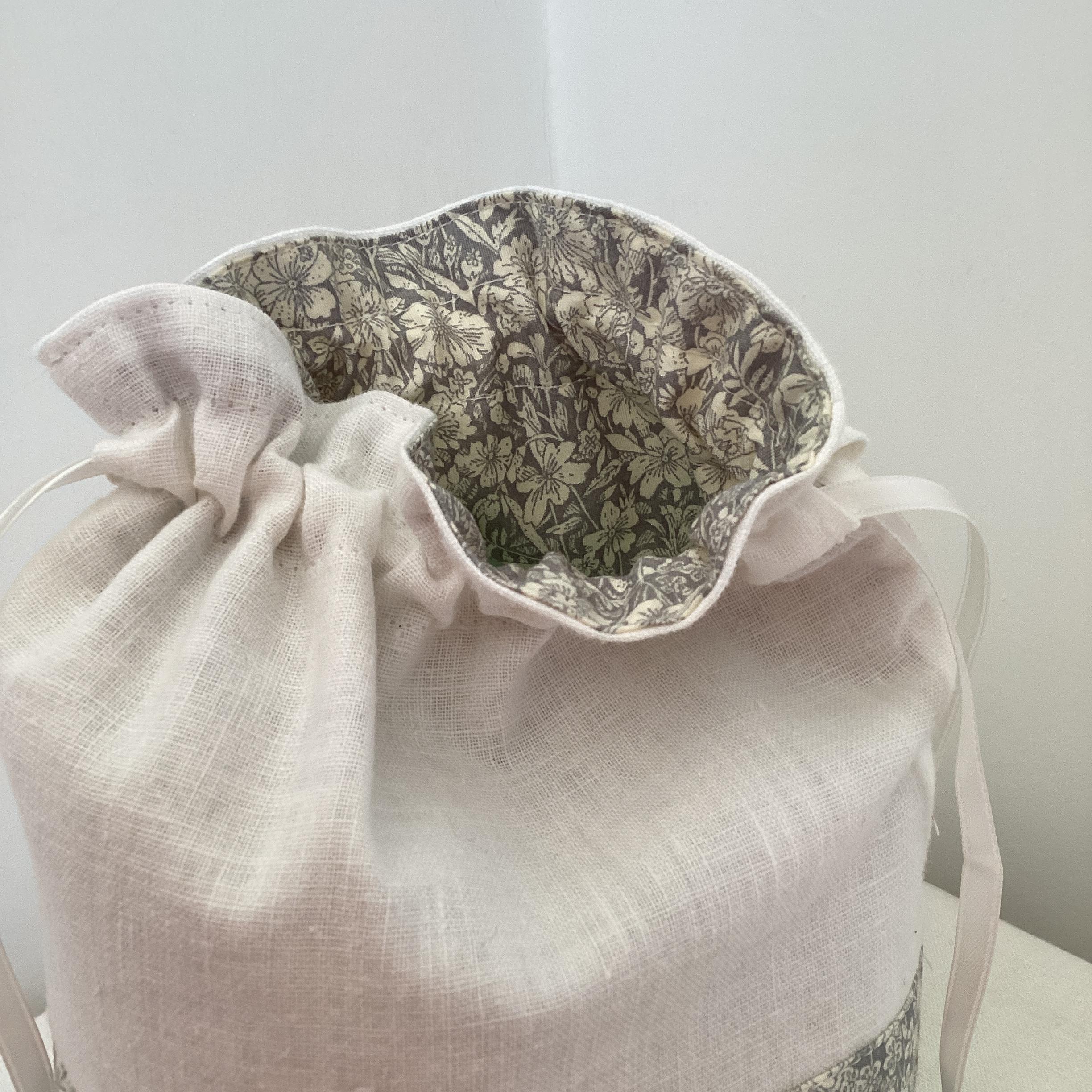 Drawstring Bag - vintage linen and grey