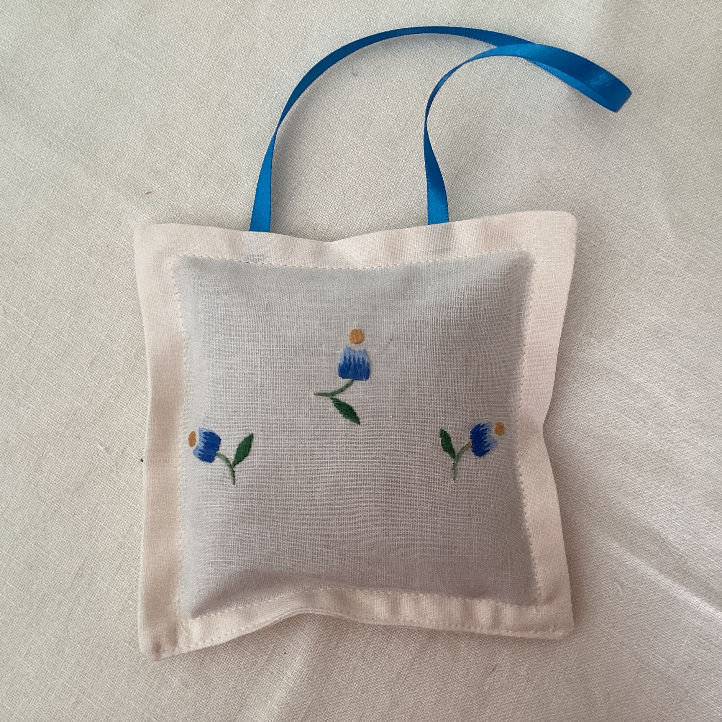 Lavender Bag - vintage embroidery with pale blue flowers