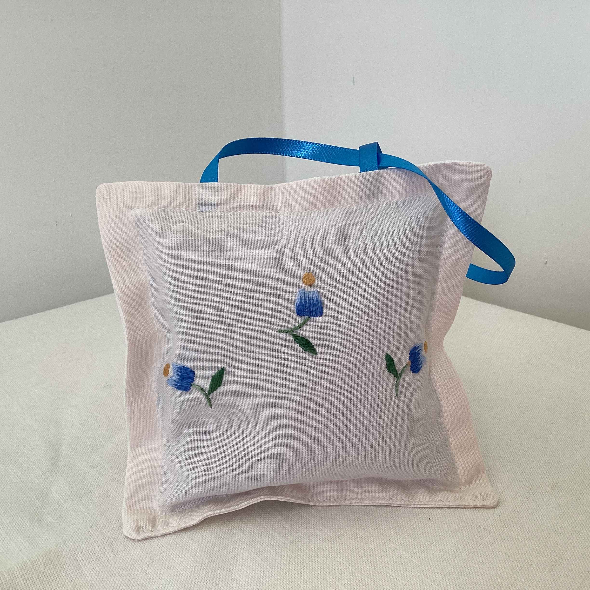 Lavender Bag - vintage embroidery with pale blue flowers