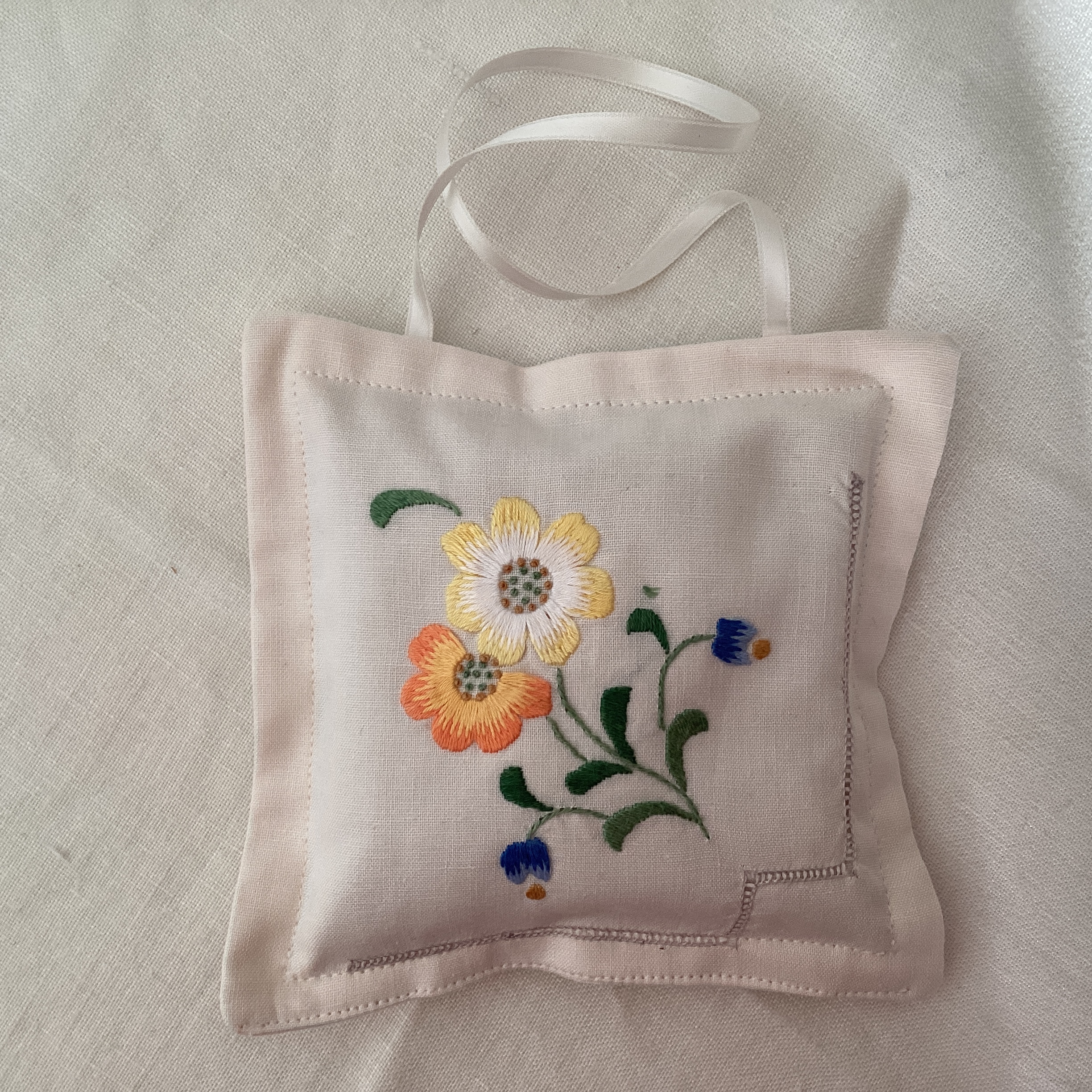 Lavender Bag - vintage embroidery orange and yellow flowers