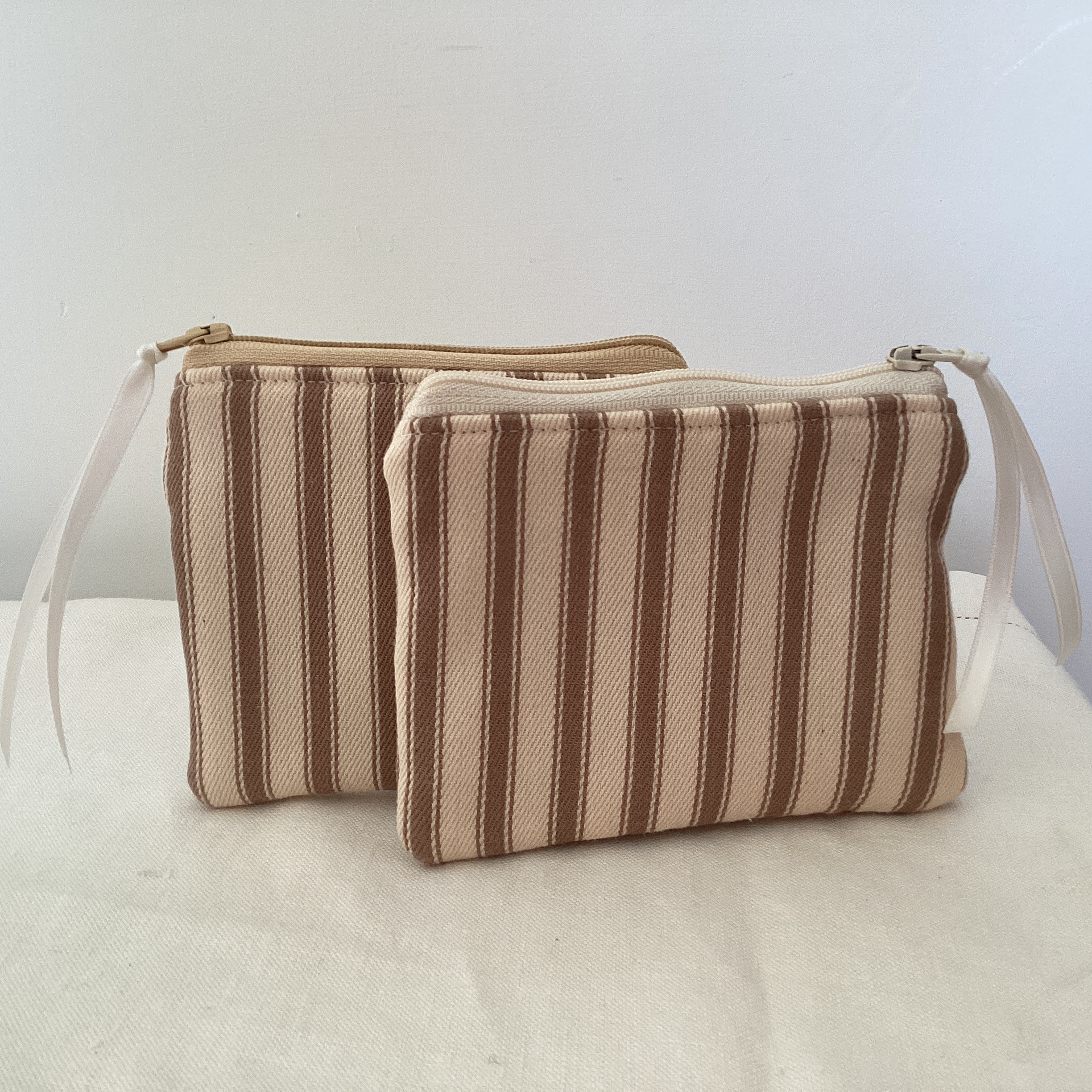 Zipped Coin Purse - beige and cream stripe