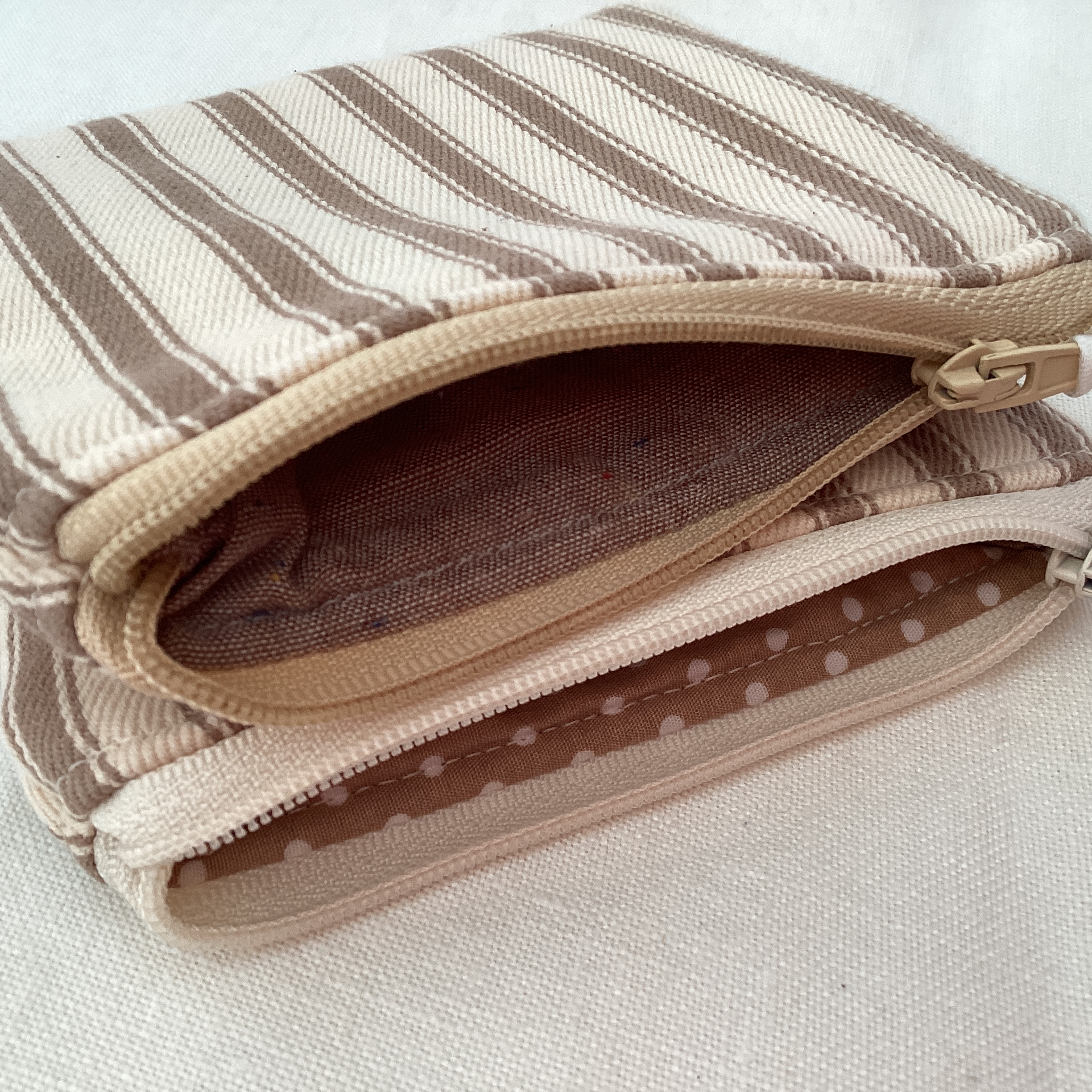 Zipped Coin Purse - beige and cream stripe