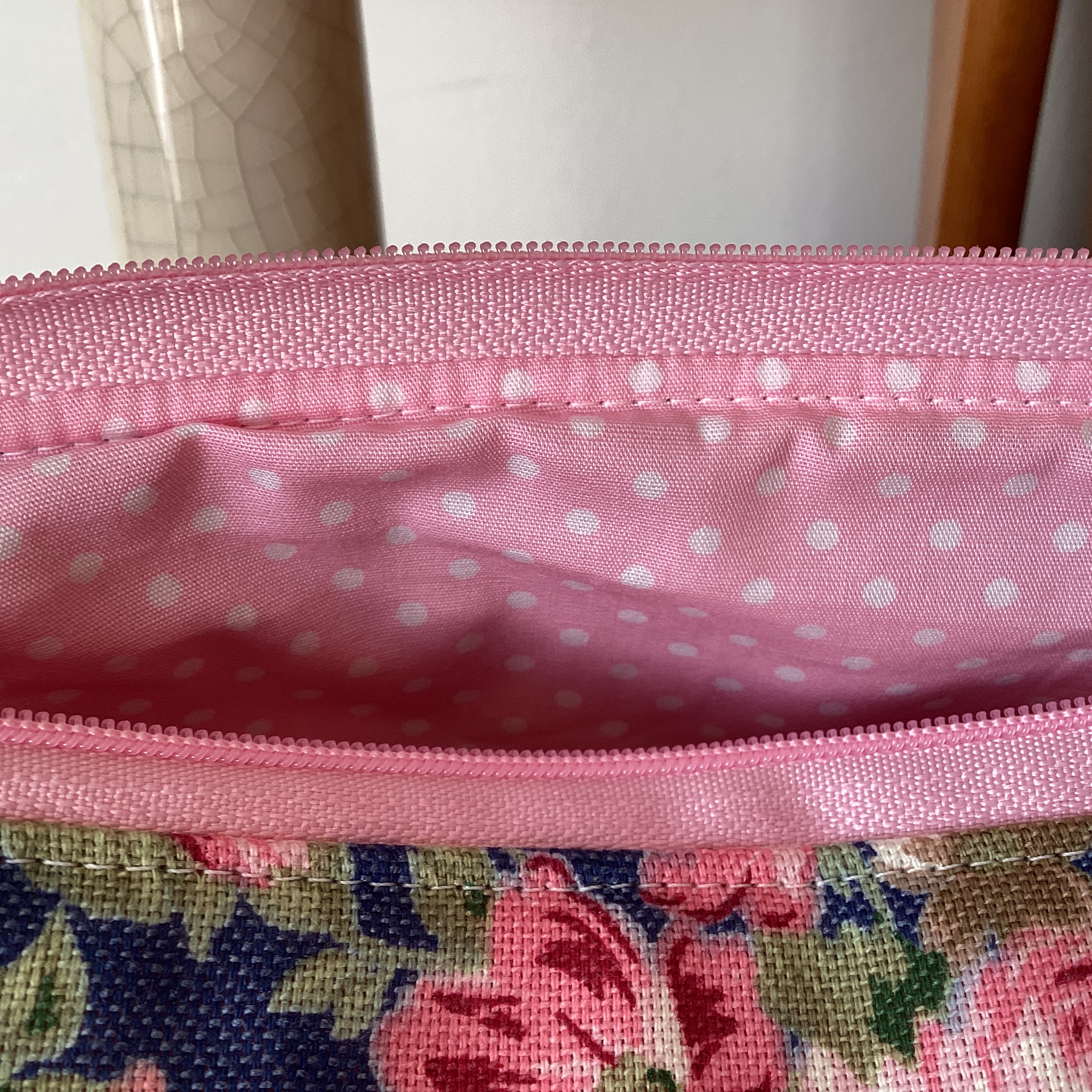 Zipped Pouch - pink floral on blue