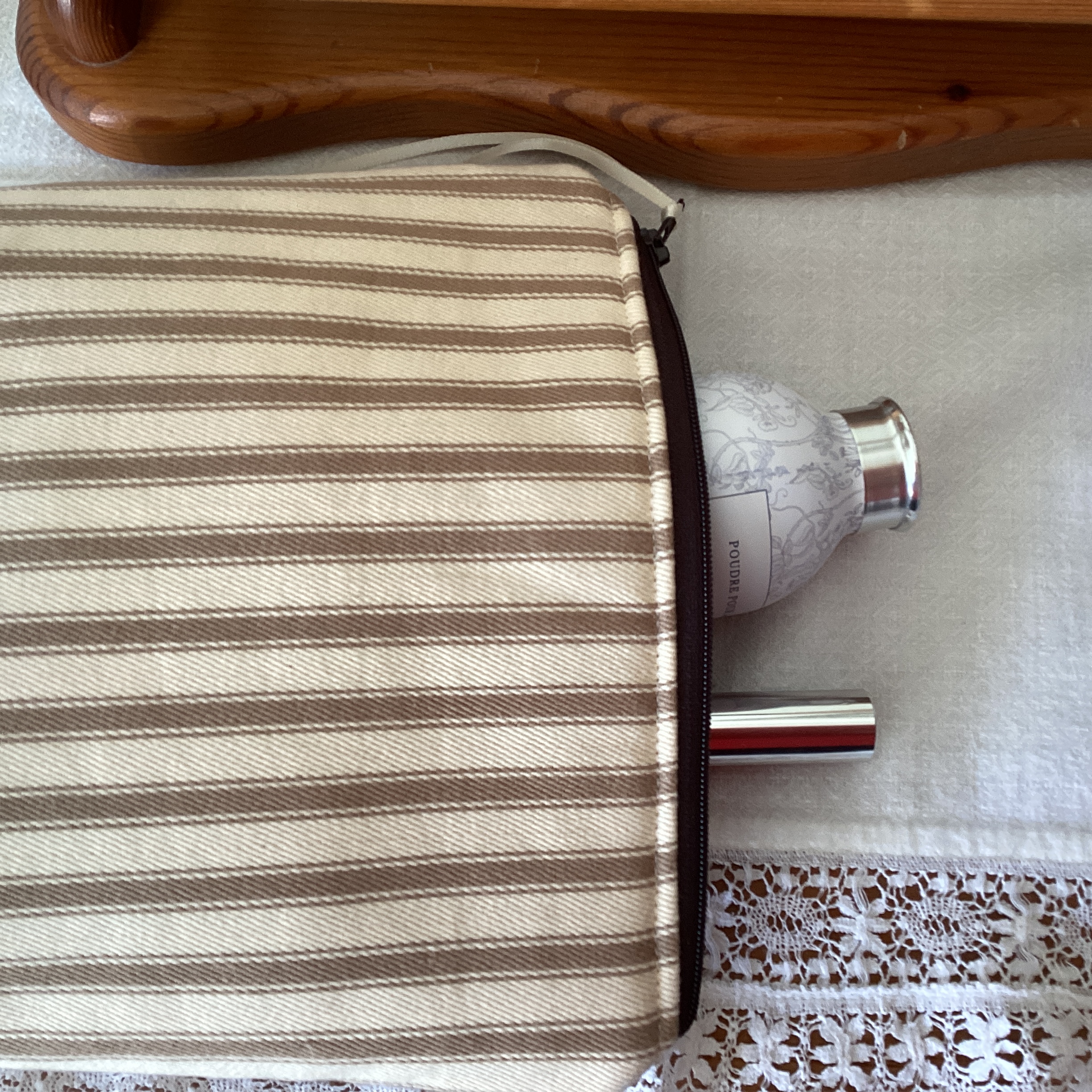 Zipped Pouch - beige and cream stripe