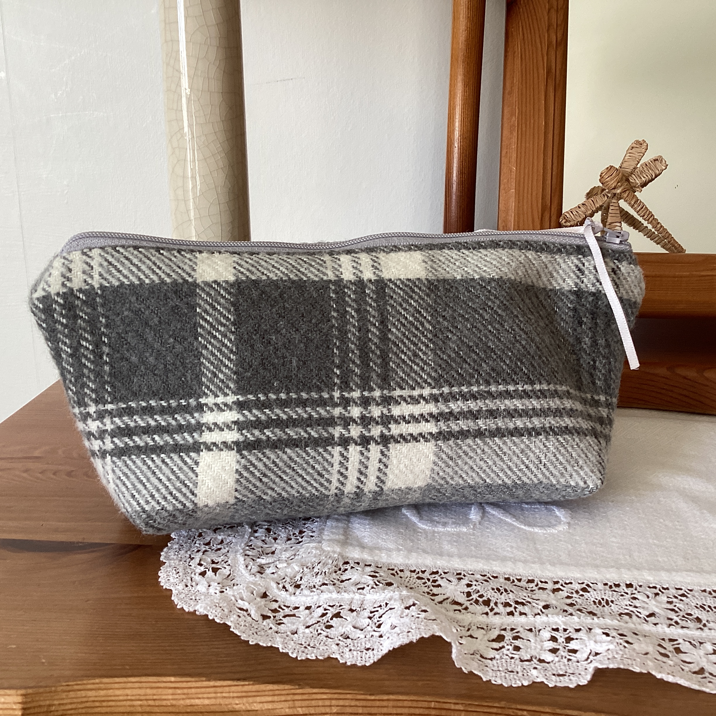 Zipped Pencil Case/Make-up Purse - grey tartan