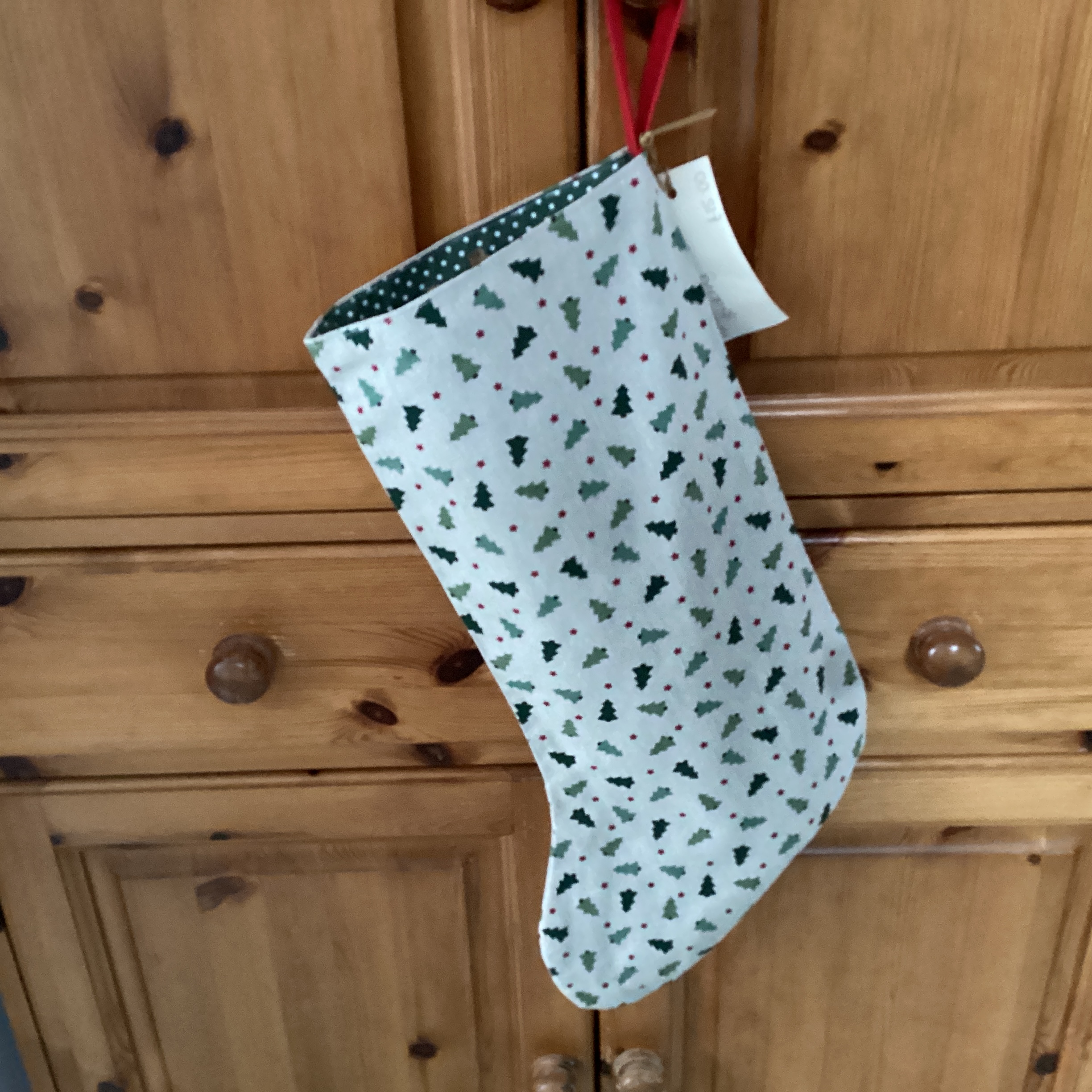 Christmas Stocking  - cream linen with small trees