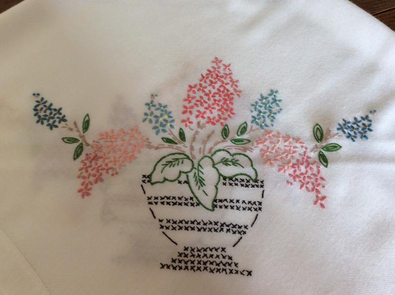 Embroidered Table Cloth -  bowls of flowers