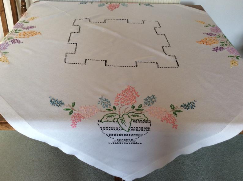 Embroidered Table Cloth -  bowls of flowers
