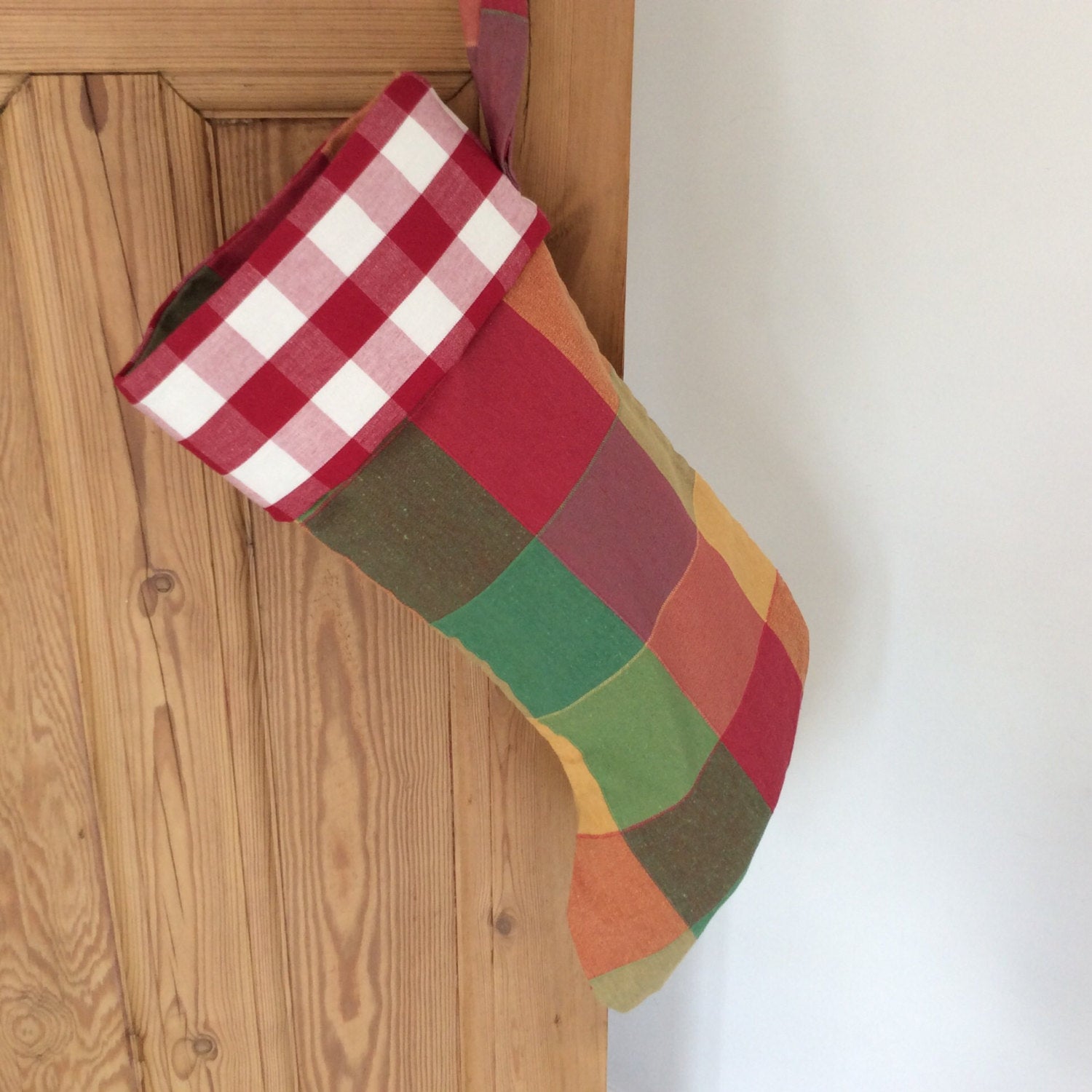 Christmas Stocking - multicoloured check with checked cuff