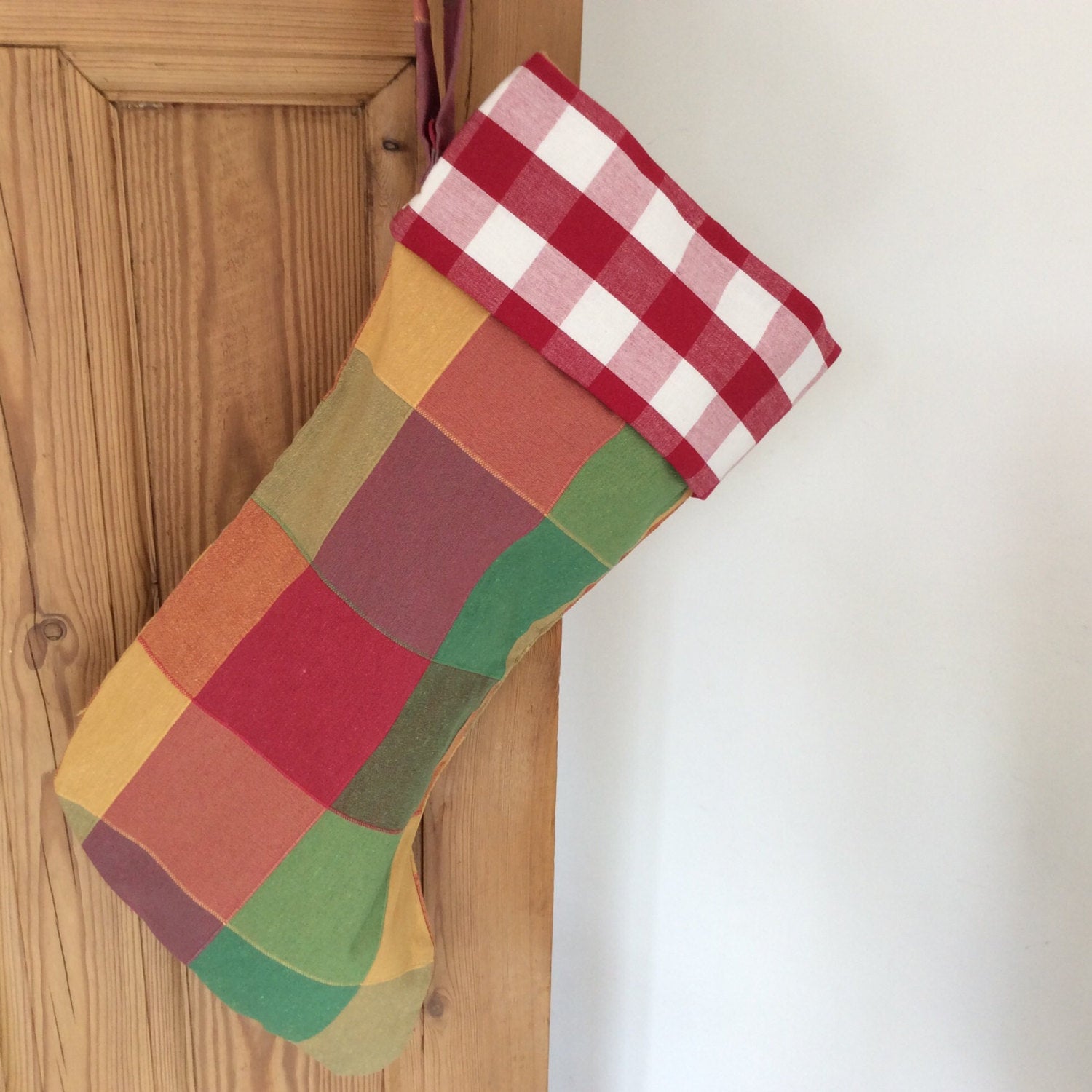 Christmas Stocking - multicoloured check with checked cuff