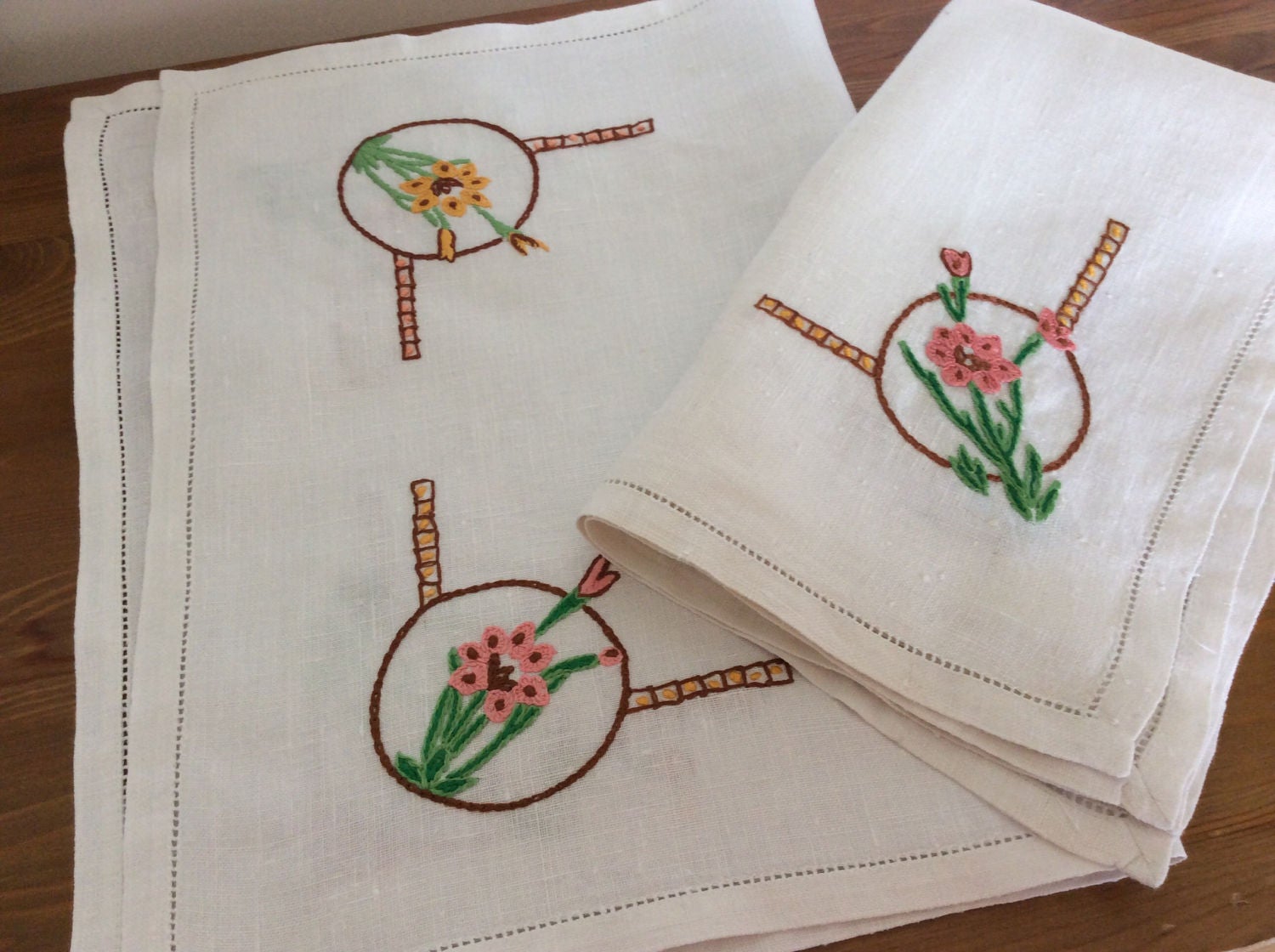 Embroidered Tray Cloth - yellow and pink corners