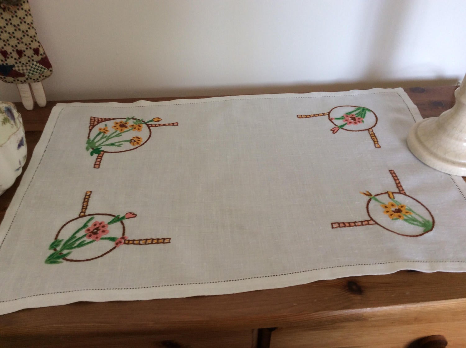 Embroidered Tray Cloth - yellow and pink corners