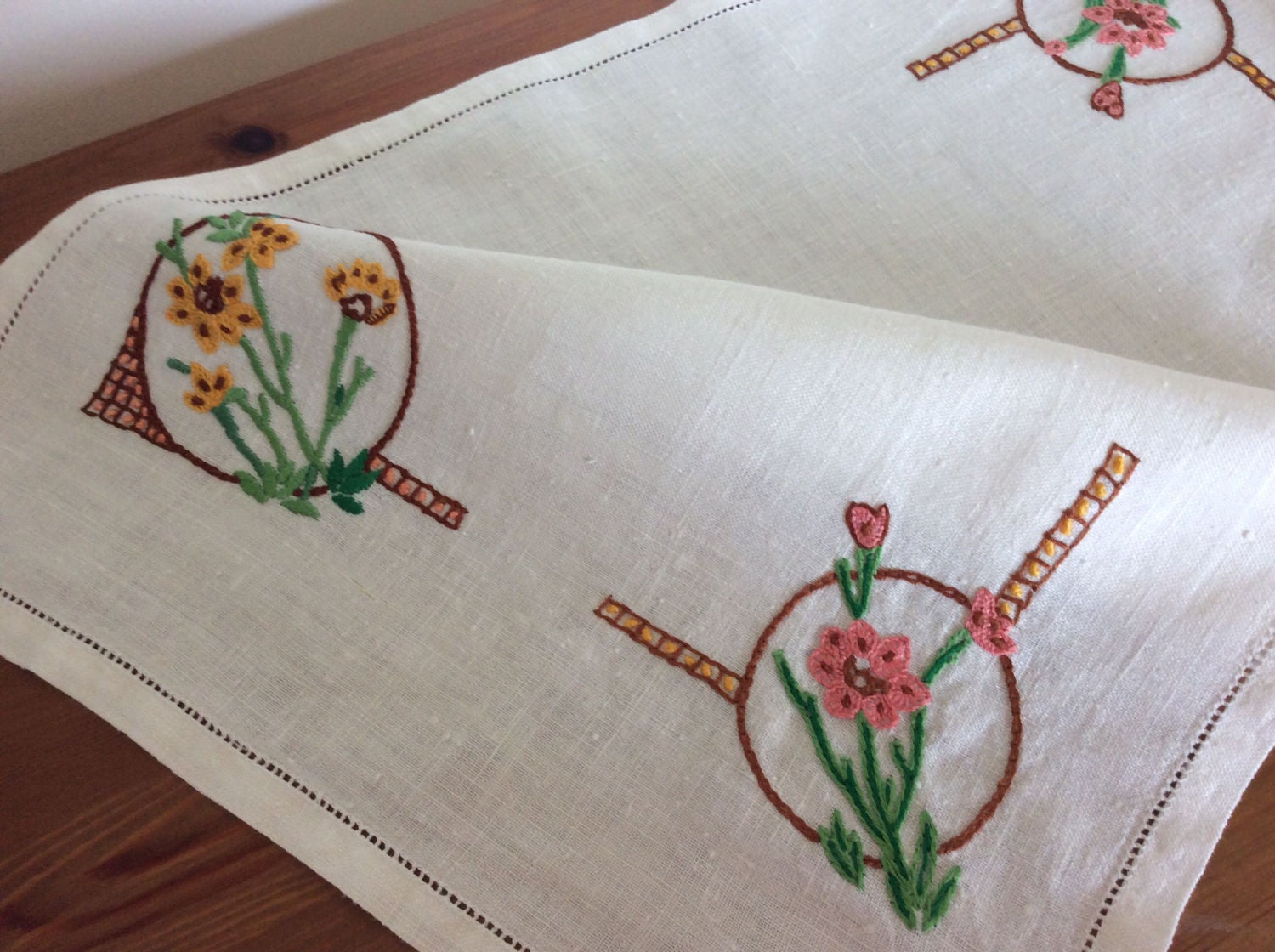 Embroidered Tray Cloth - yellow and pink corners