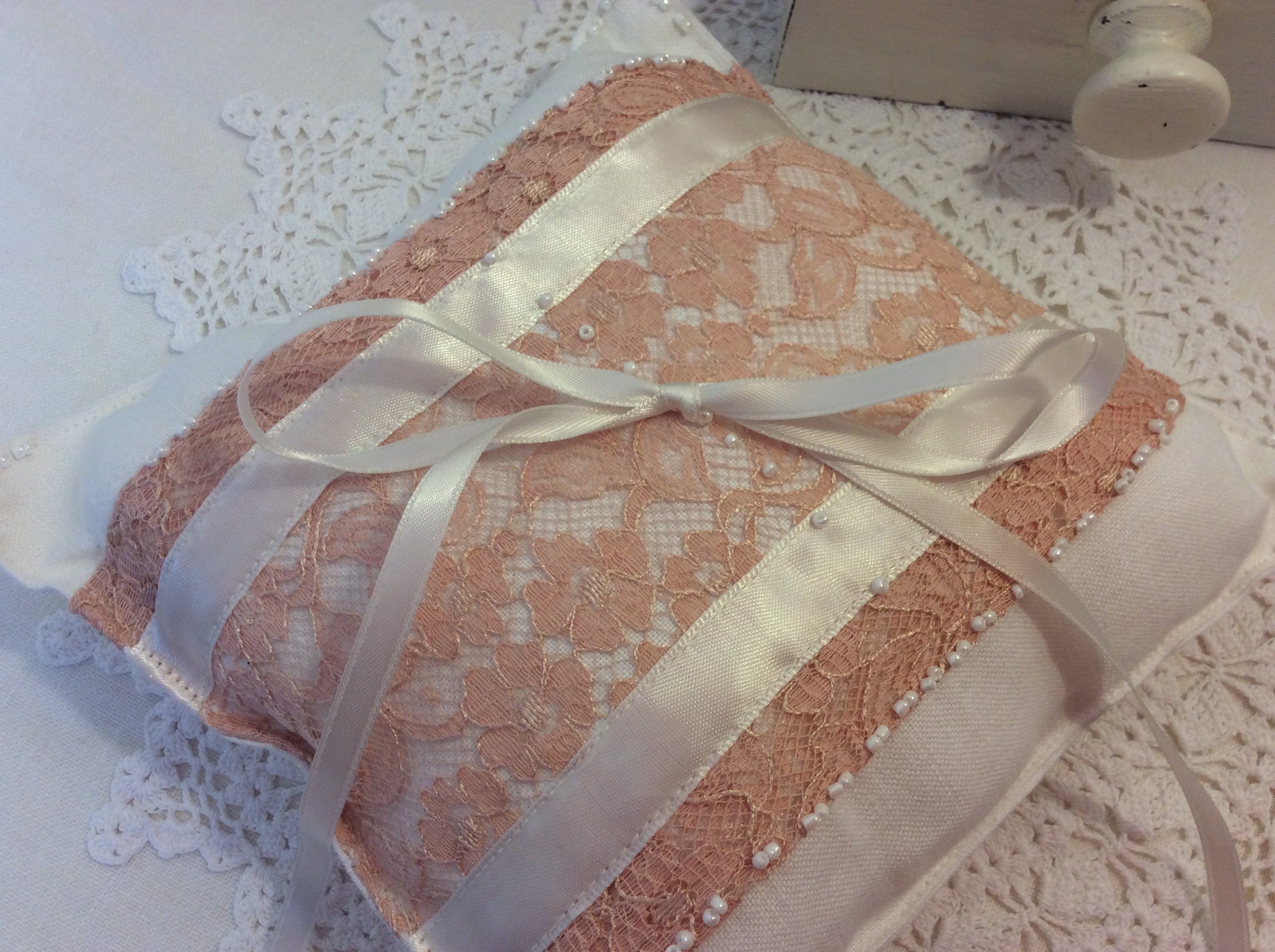 Wedding Pillow - peach lace and ribbons