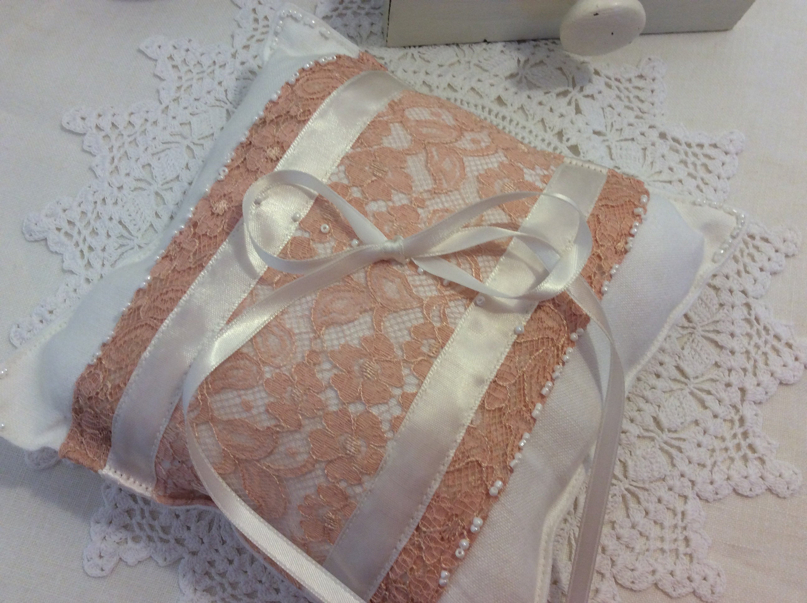 Wedding Pillow - peach lace and ribbons