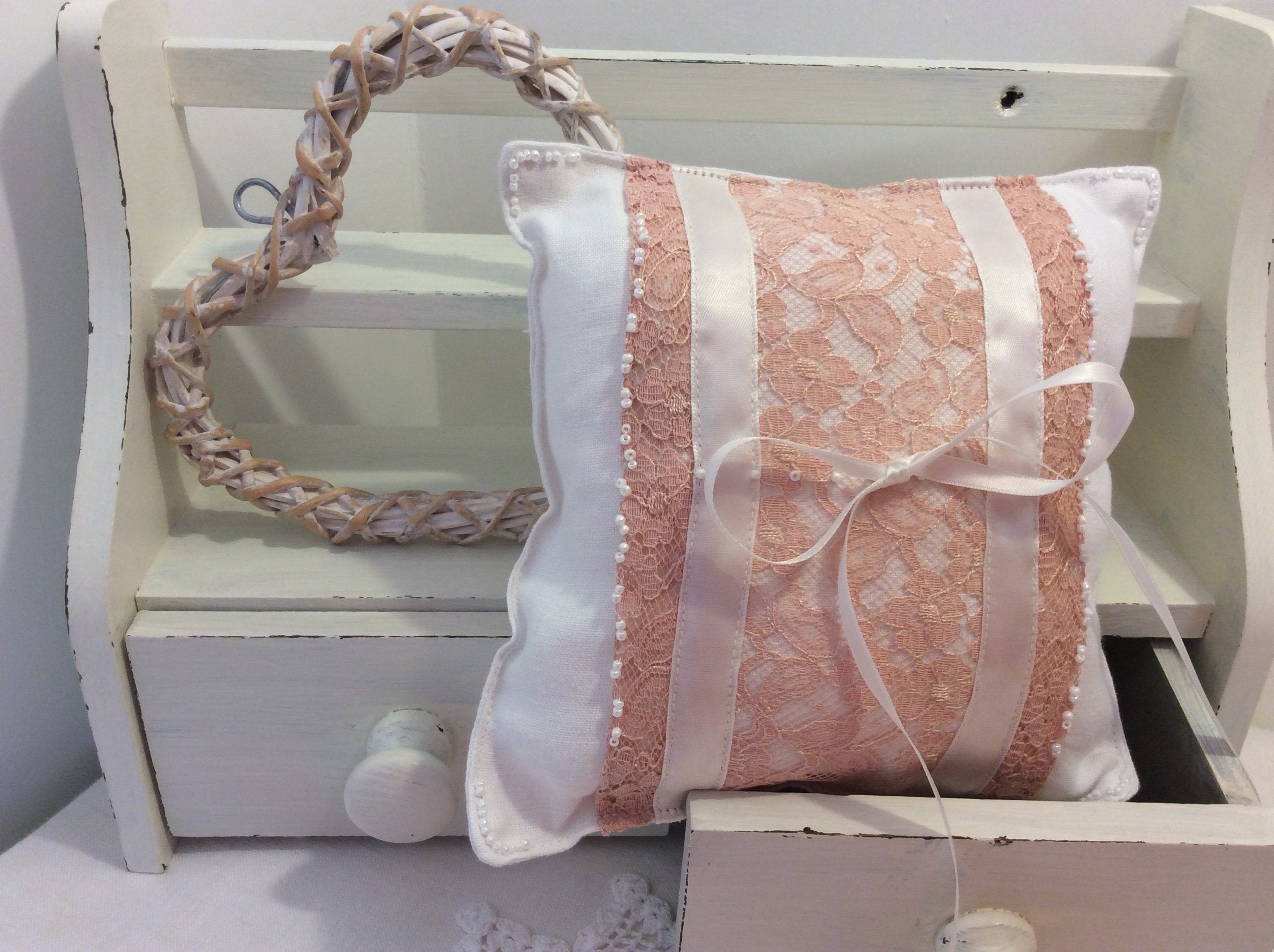 Wedding Pillow - peach lace and ribbons