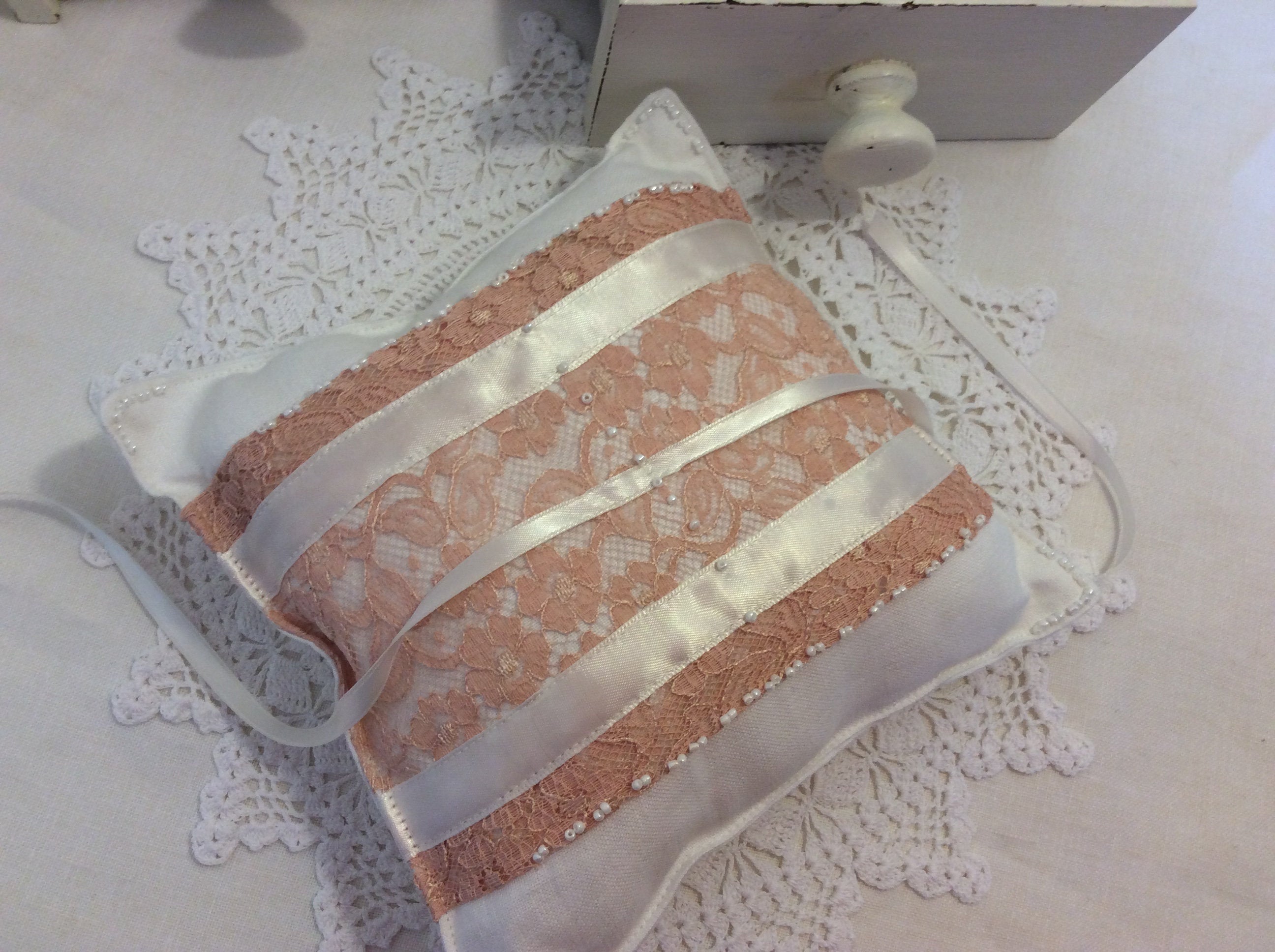 Wedding Pillow - peach lace and ribbons