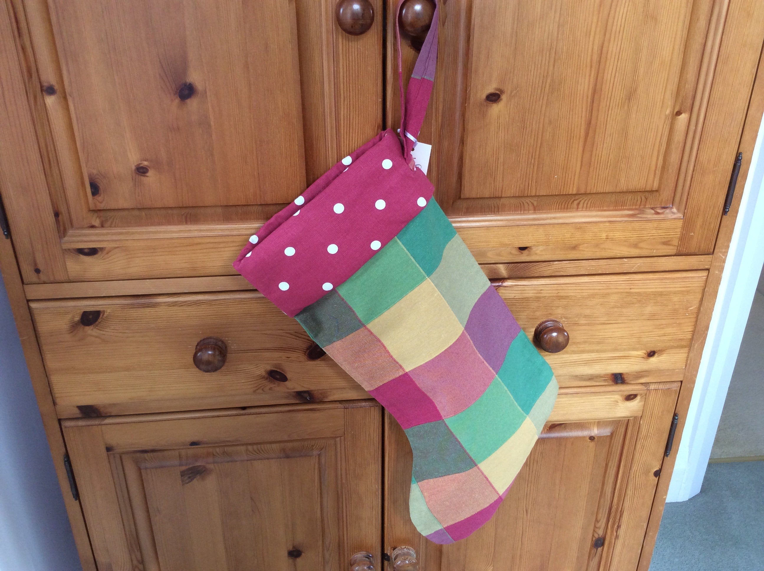 Christmas Stocking - multicoloured check with spotty cuff